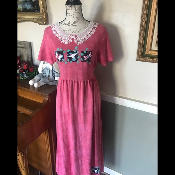Rare Pink Tie Dye Hummingbird Lace Collar Dress M - Picture 1 of 15